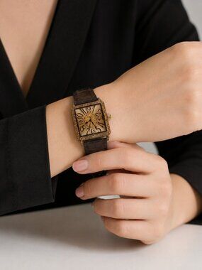 JULIUS Women's Rose Gold Square Watch Brown Genuine Leather Strap Crystal Bezel